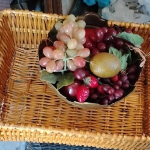 Wood Basket with Handles & Fruit 🍓🍑 Decor With a Solid Brass Floral Bowl